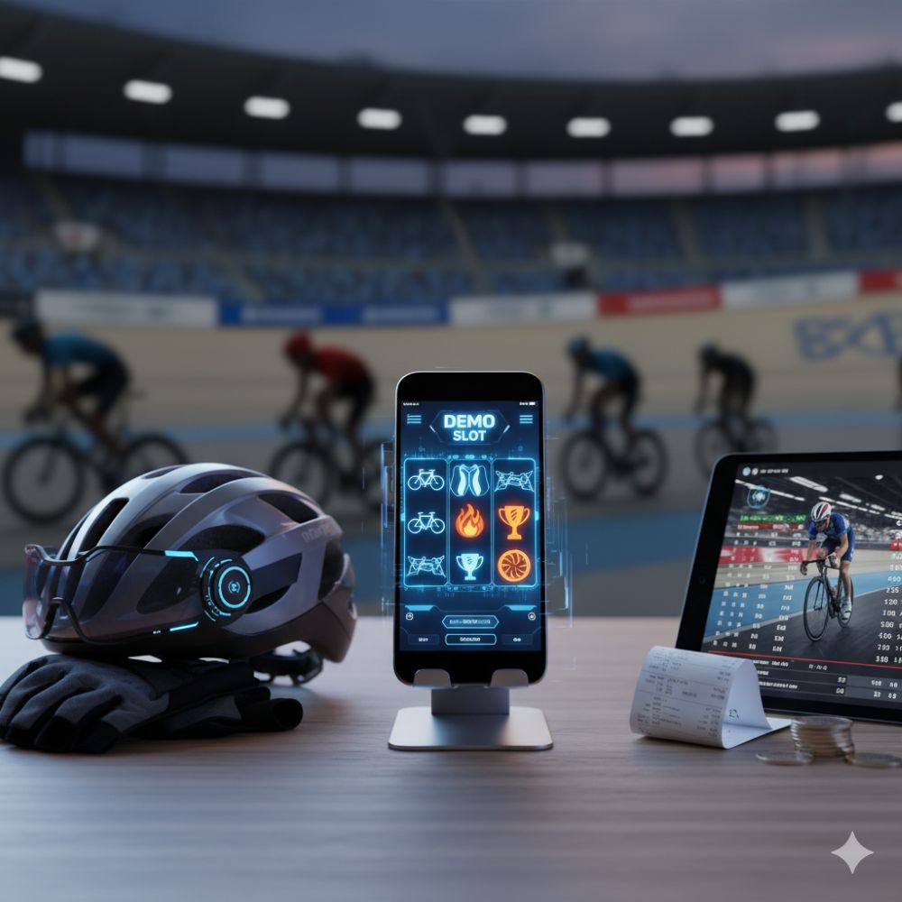 a mobile device positioned at the center showing demo slot games on the screen while icons for bike racing are shown on both sides and at the background
