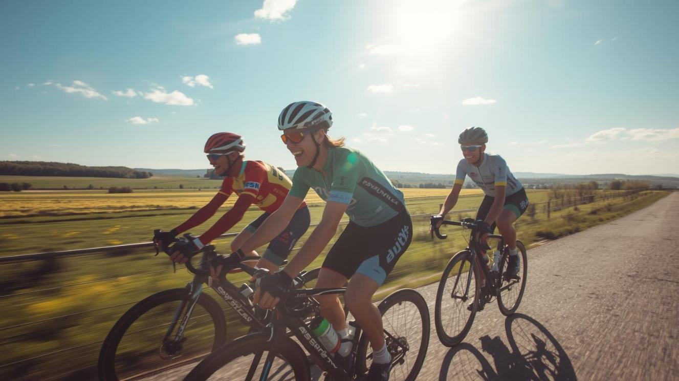 Three cyclists race joyfully through sunny green fields under clear skies.