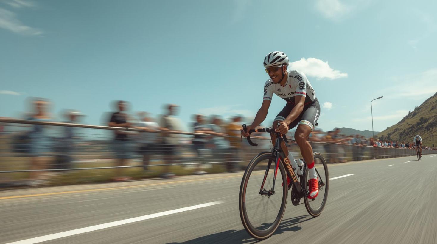 Professional cyclist racing downhill during international road race under bright, optimistic skies.
