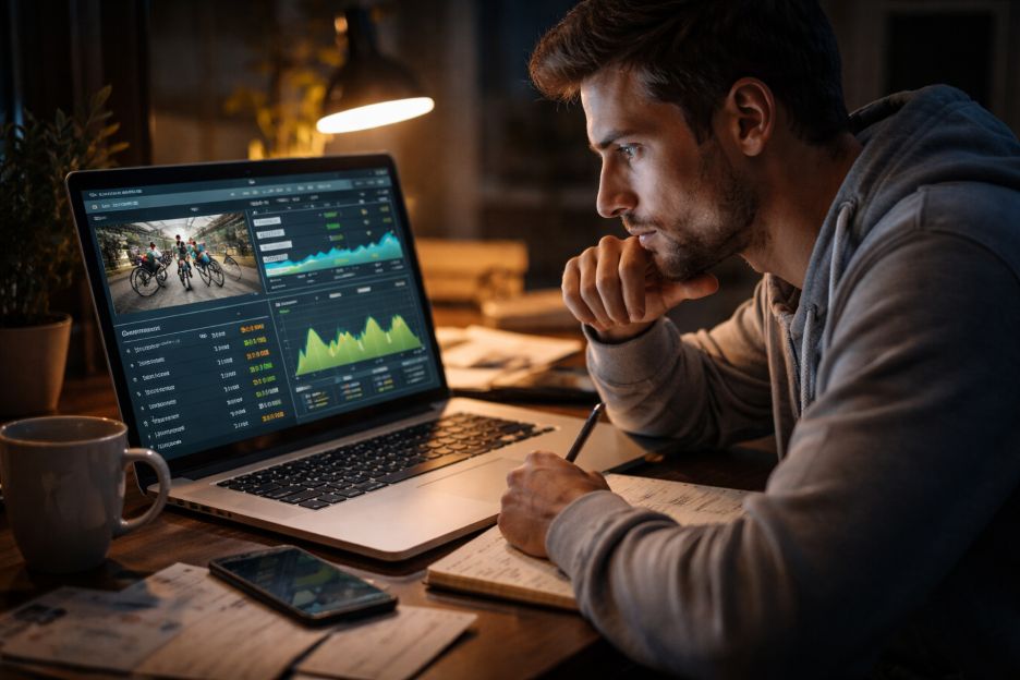 focused bettor analyzing cycling race stats on a laptop at night