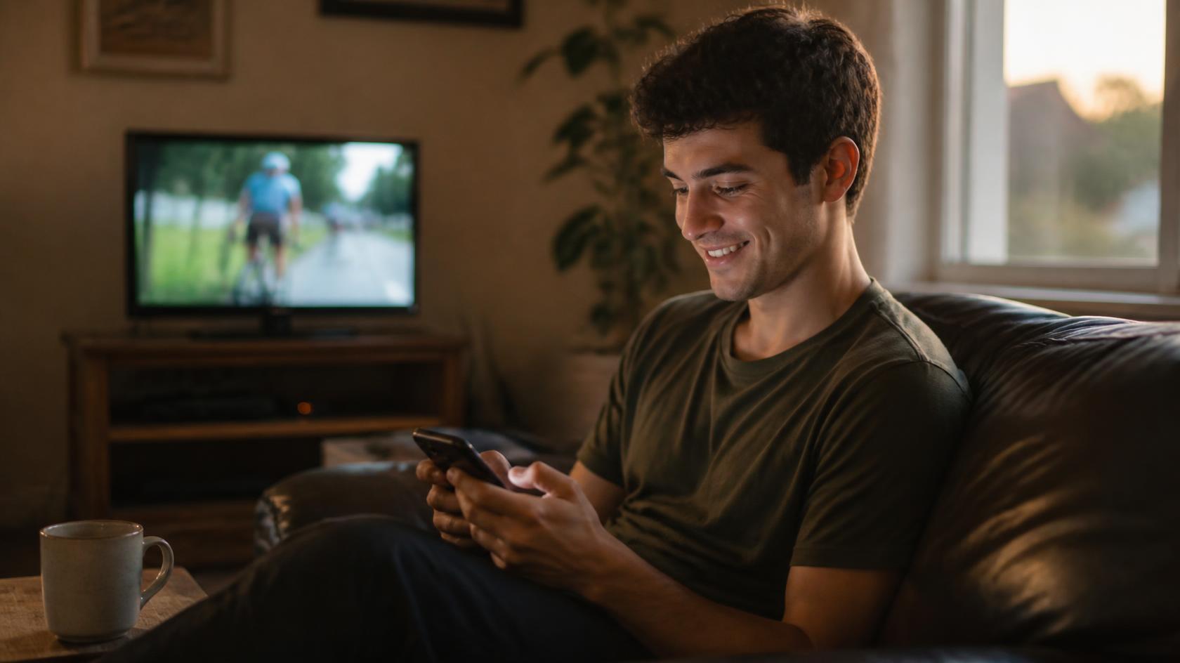 Man smiles at phone on couch while cycling race plays quietly on television nearby.