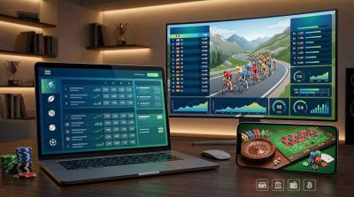 A professional online sportsbook interface beside a digital cycling race dashboard